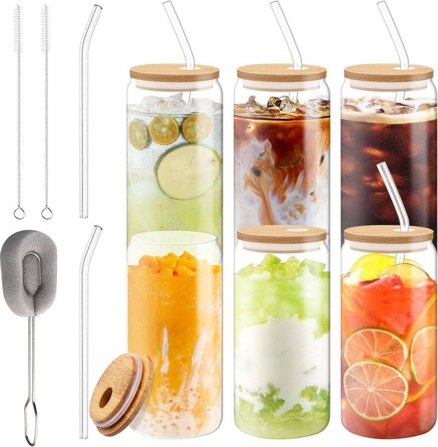 6 stuks blikvormige glazen bekers Mason Jar met deksel en rietje bamboe deksels en glazen rietjes ideaal voor watercocktail whisky frisdrank
