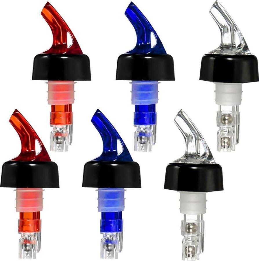 6 stuks gedistilleerde drankdispenser flessenschenker van ABS-kunststof 15 ml 20 ml 30 ml doseringsschenker maatschenker met stalen kogel geschikt voor wijn en cocktails (3 kleuren)