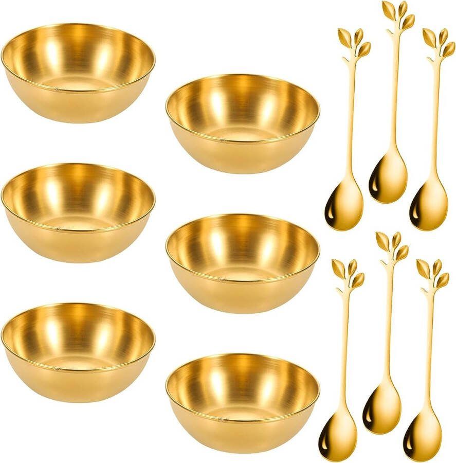 Joy at home Set of 6 Golden Sauce Bowls Stainless Steel Small Serving Bowls Vinegar Serving Bowls Mini Dipping Bowls with 6 Spoons for Dessert Sauces Frits Soy Sauce Ketchup Spices