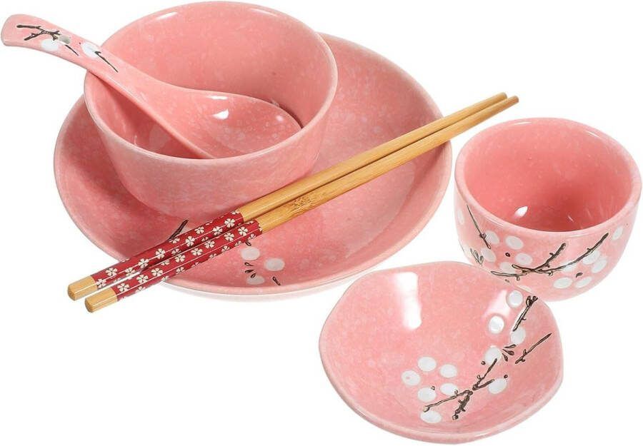 6 stuks Japanse stijl bowl set keuken keramiek ramen- kommenset met eetstokjes lepels en pauzes roze porseleinen noedelschaal voor Udon salade soep