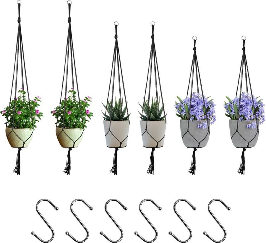 6 stuks kanten hangmand met 6 haken katoenen touwhangmand hangende bloempot-netzak geschikt voor binnen buiten tuin terras raam (zwart)