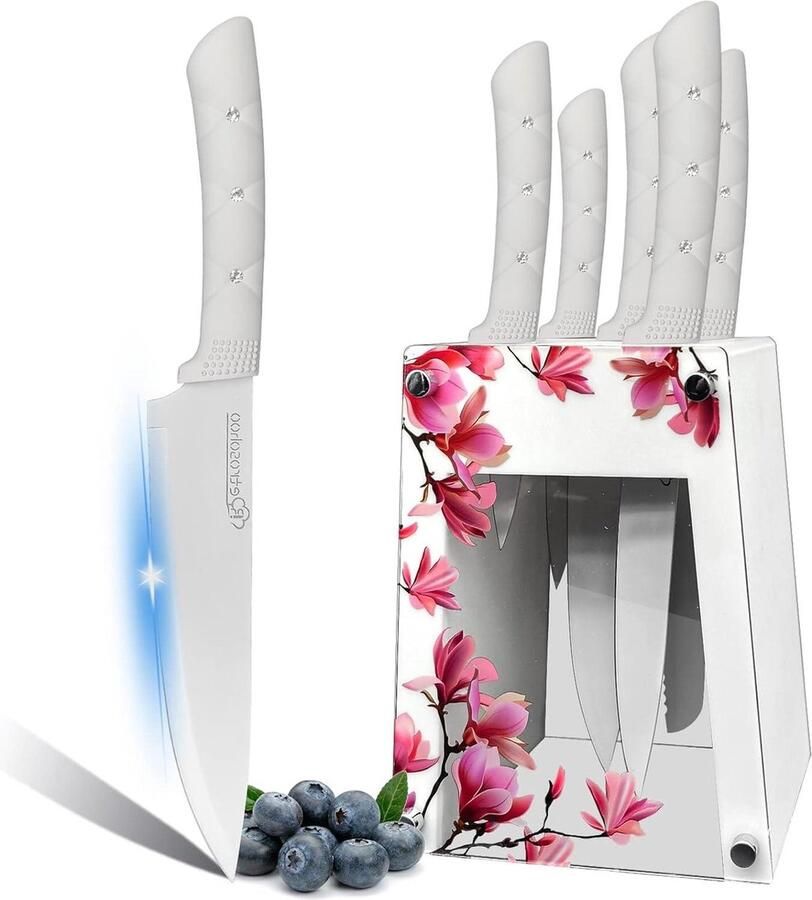 6 stuks keukenmessen set antislip kookblok witte bloemen roestvrijstalen scherpe koksmessenset acryl houder