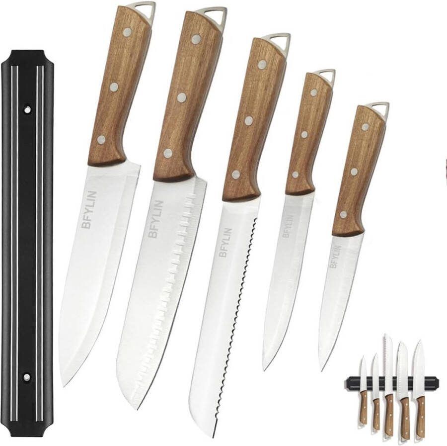 6 stuks keukenmessenset messenset keukenmessenset koksmessen santoku messen schilmes groentemes en broodmes scherpe messen houten handvat keukenmessen met magnetische messenhouder (6 stuks)
