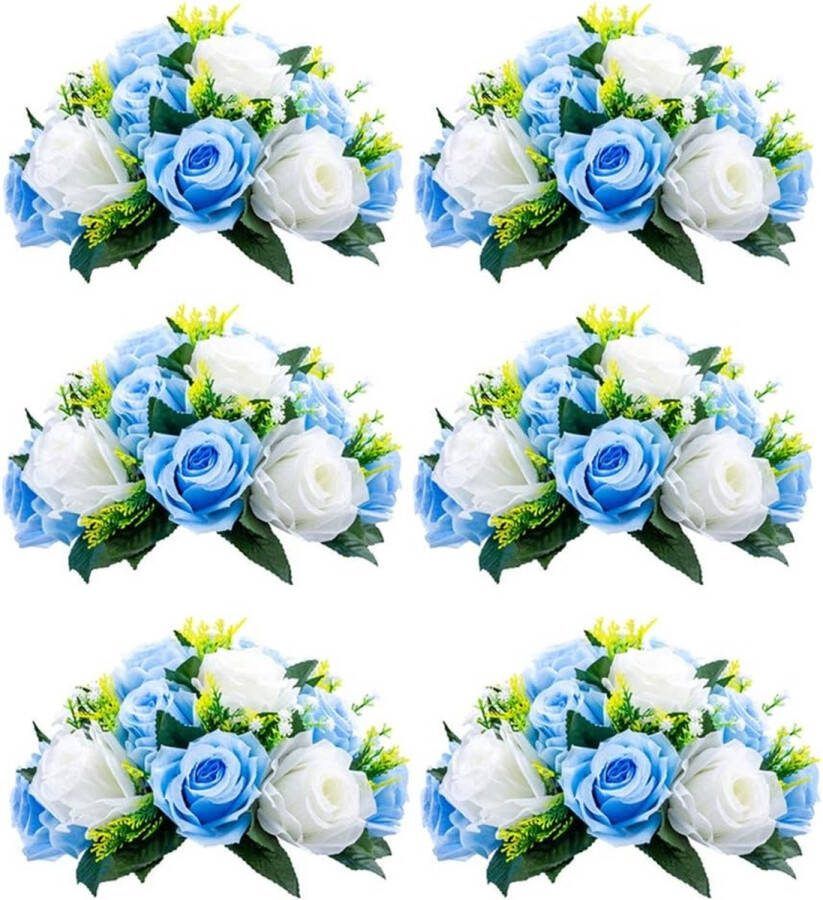 6 stuks kunstbloemen 15 koppen kunststof rozen met sokkel geschikt voor winkel bruiloft centrepiece bloemenrek voor feesten Valentijnsdag decoratie (blauw & wit)