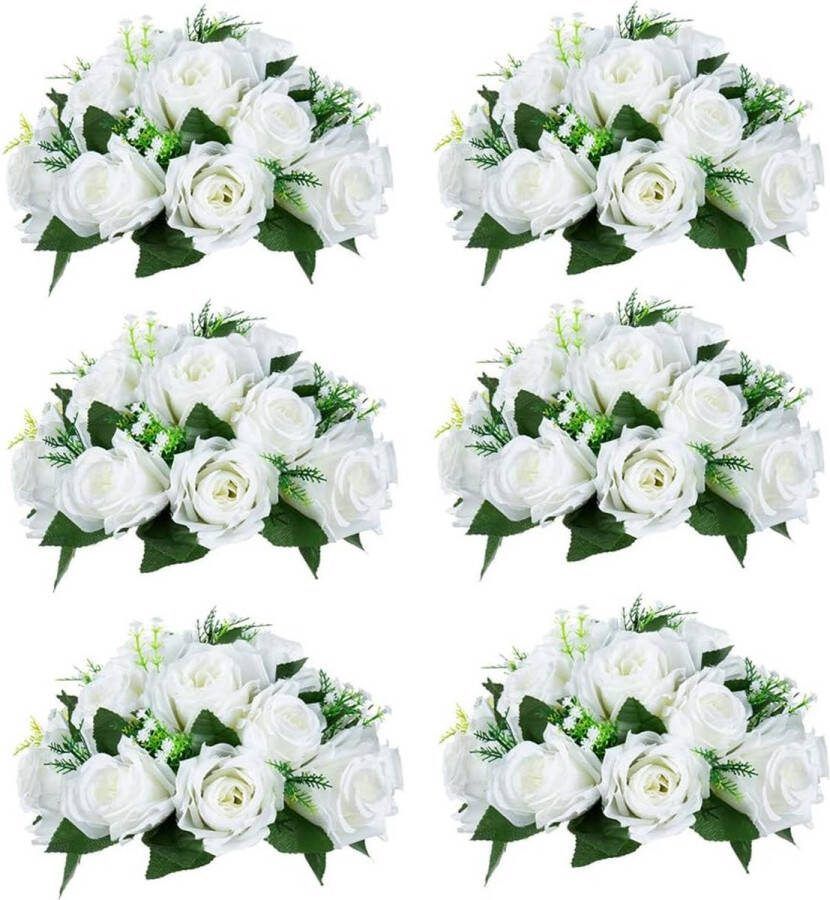 6 stuks kunstbloemen 15 koppen kunststof rozen met sokkel geschikt voor winkel bruiloft centrepiece bloemenrek voor feesten Valentijnsdag decoratie (puur wit)