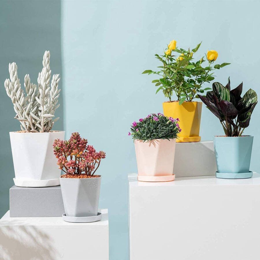 6 stuks kunststof bloempotten 13 cm kleurrijke bloempot zaailingplant met wortelcontrole tuinpotten in Scandinavische stijl met schotel voor bloemen kruiden vetplanten cactussen (6 kleuren)