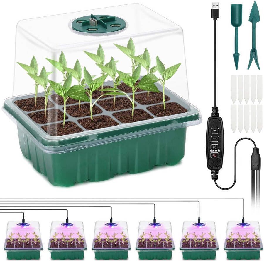 6 Stuks Kweekbak Kweekschaal Voor Planten Mini-Broeikas Kweekset Met Verhoogd Deksel Zaailingstarter Met Plantenlichten Met Volledig Spectrum 10 Labels 2 Gereedschap