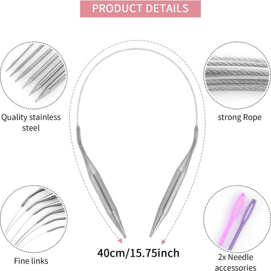 6 Stuks Rondbreinaalden 3mm-10mm Flexibele Rvs Trui Naald met Draad Totale Lengte 40M Dubbele Puntige Extra Lange Ronde Haak Breinaald voor Weven Hoed Trui Sjaal