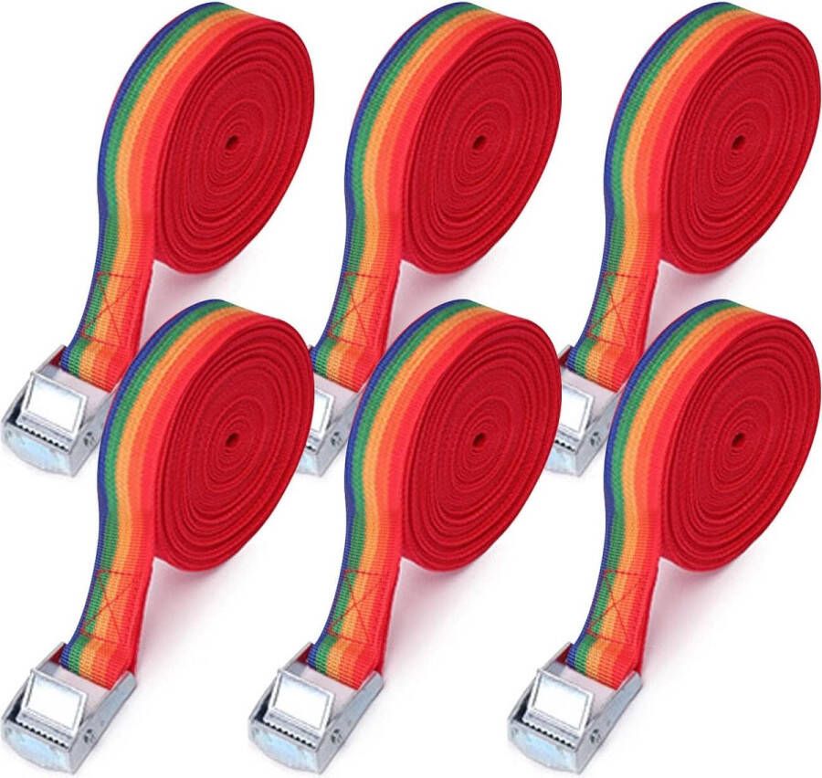 6 stuks Spanbanden Sjorband Spanband Bevestigingsband met Klemgesp 150kg 1m Sjorbanden met Klemsluiting(Regenboogkleuren)