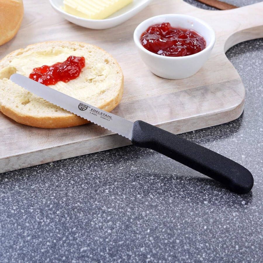 6 stuks tafelmessen set broodmessen ontbijtmes 21 cm zwart met gekartelde rand