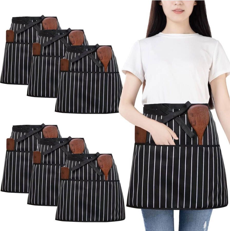 6 stuks tailleschort kelnerschort met 3 zakken waterdicht half schort voor mannen en vrouwen kookschort voor koken schoonmaken schilderen tuinieren bistro restaurant (strepen)