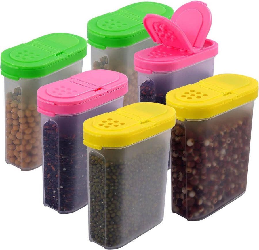 6 stuks voorraaddozen 250 ml strooidozen kruidendozen opbergdozen met praktische strooier kruidenpotjes opbergdozen voor keuken (geel roze groen 3 kleuren)