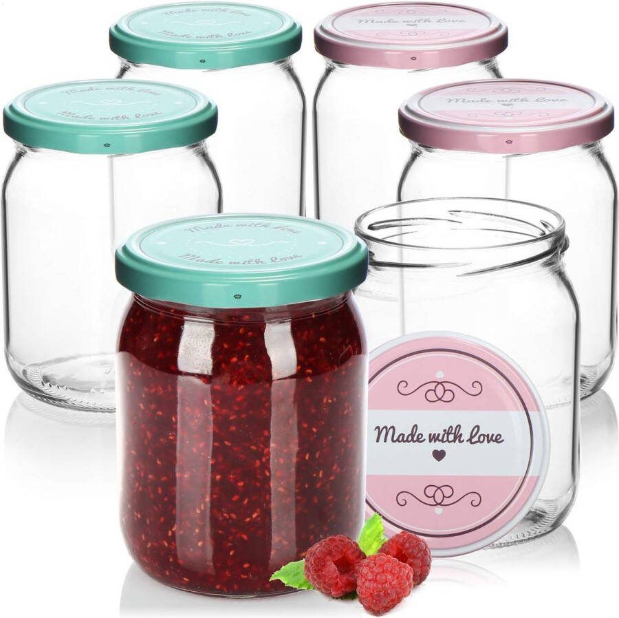 6 weckpotten met schroefdeksel in groen en roze inhoud ca. 490 ml
