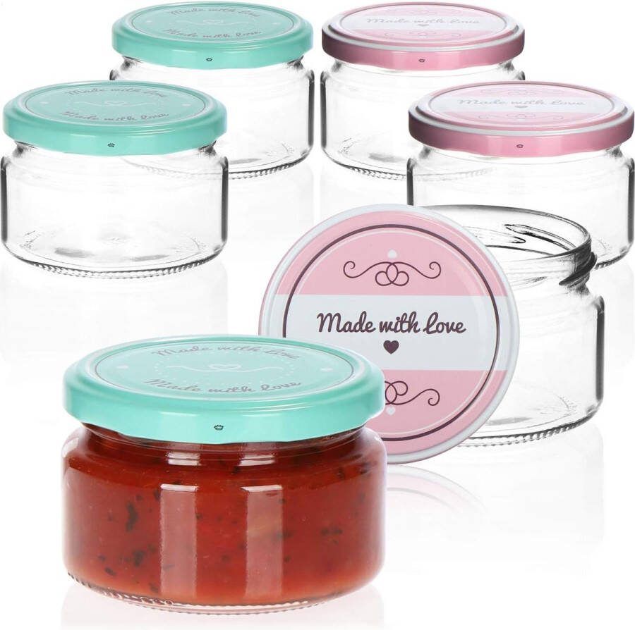 6 weckpotten set met schroefdeksel in groen en roze 250ml