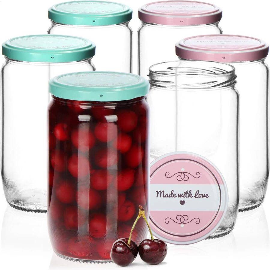 6 weckpotten set met schroefdeksel in groen en roze 650ml