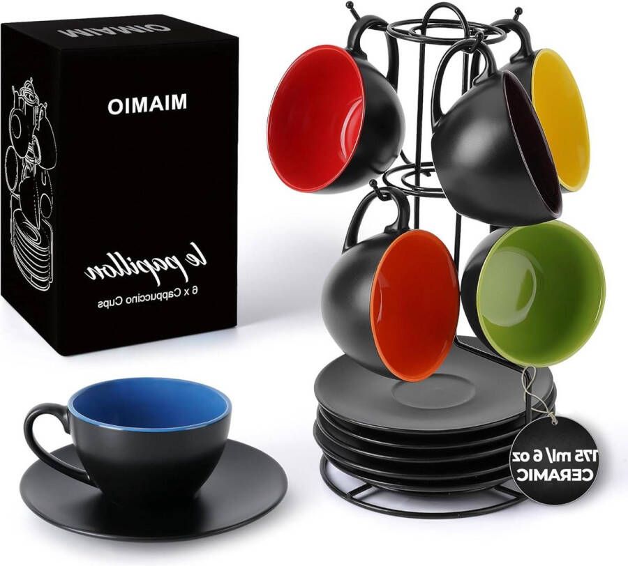 6 x 175 ml Cappuccino kopjes set buitenkant zwart binnenkant gekleurd Collectie Le Papillon (Veelkleurig) mokken set