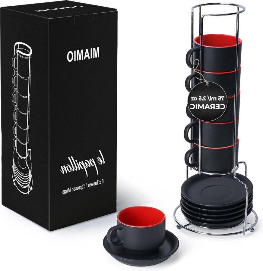 6 x 75 ml aardewerk espresso mokken set zwarte buitenkant kleurrijke binnenkant Rood koffiekopjes set van 6