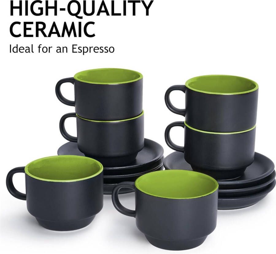 6 x 75 ml aardewerk espresso mok mokken set zwarte buitenkant kleurrijke binnenkant (Groen)