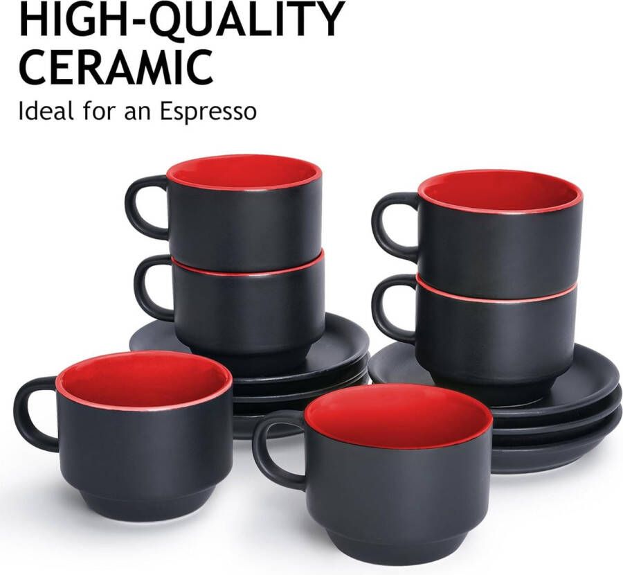 6 x 75 ml aardewerk espresso mok mokken set zwarte buitenkant kleurrijke binnenkant (Rood)