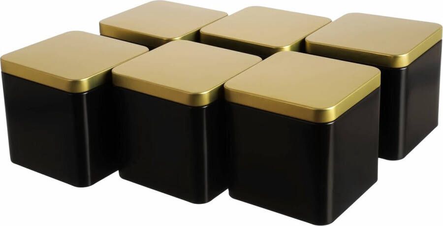 6 x elegante hoekige theedoos voorraaddoos zwart-goud aromadicht van metaal voor elk 150 g thee 9 x 9 x 9 cm (H B D) ook ideaal als kruidenpotje