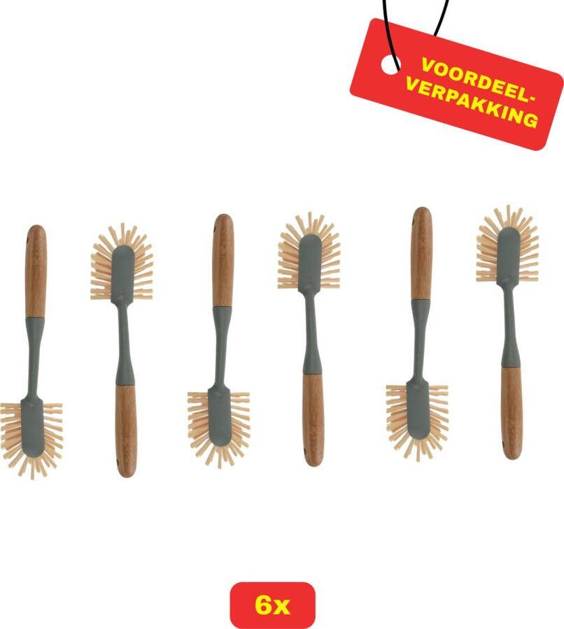6 x Ultra Clean Afwasborstel Bamboe Groen Grijs Voordeelverpakking!