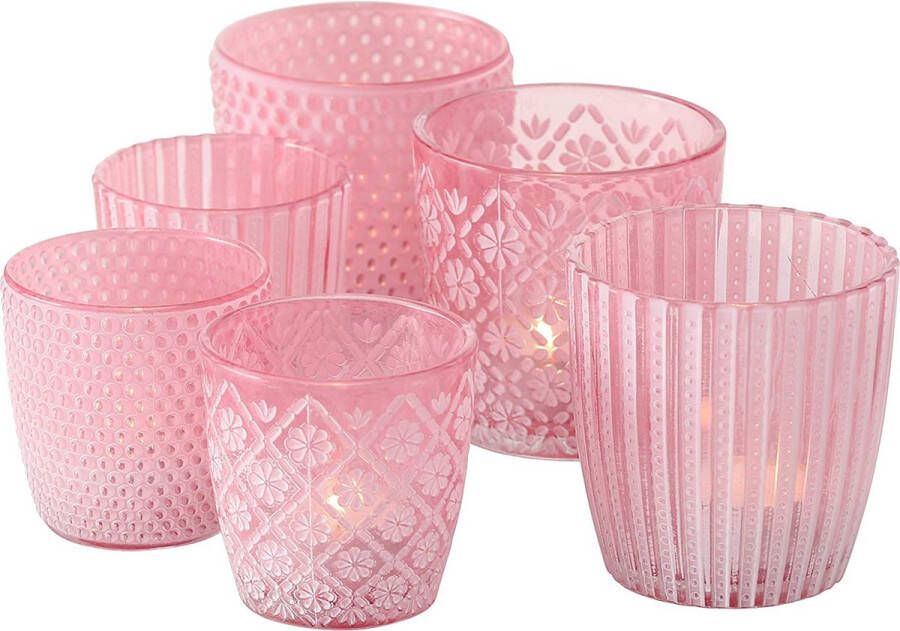 6 x windlicht Patty roze hoogte 7-9 cm met patroon voor theelichtjes tafeldecoratie theelichthouders romantisch