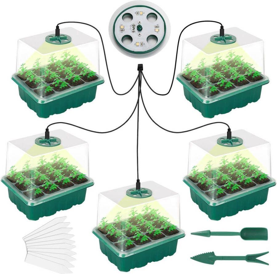 60 Cellen Zaad Tray Propagator Zaad Starter Tray met Grow Light Plant Propagation Station Vensterbank Kwekers Indoor Kas Tuin 5 Pack Kweekbak
