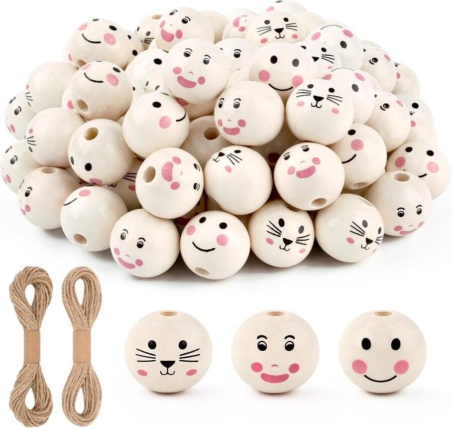 60 stuks houten kralen met gezicht 20 mm handgemaakt decoraties sieraden Houten kralen met gezichtjes