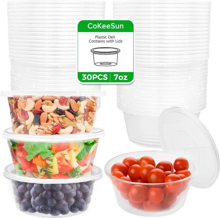 60 Stuks Plastic Bakjes met Deksels Rond 200ml Kleine Voedselcontainers met Deksels Herbruikbaar Lekvrije Sauspotjes Meal Prep Containers voor Afhaalmaaltijden Dip Salades Gelei