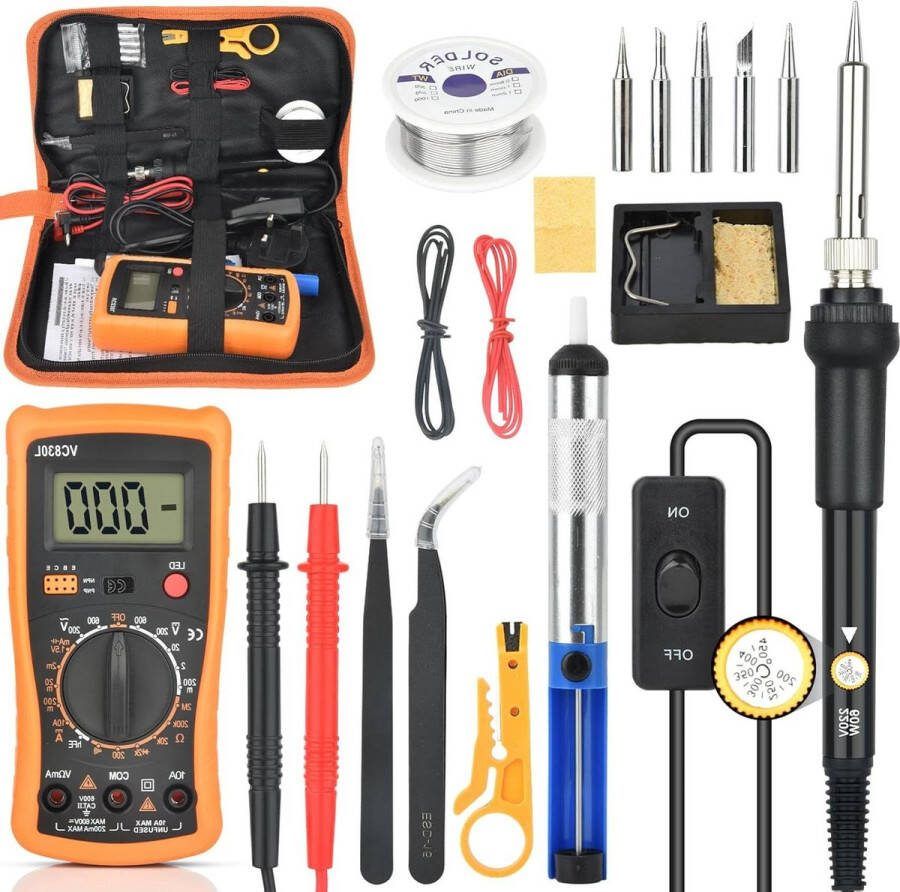 60 W soldeerboutset instelbare temperatuur 200-450 °C digitale multimeter 5 soldeerpunten hoogwaardig solderen repareren soldeerijzer soldeerbouten