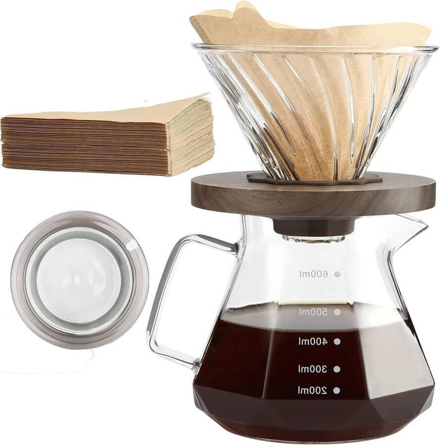 600 ml borosilicaatglazen Pour Over koffiezetapparaat 100 V02-papierfilters walnoothandvat druppelkoffiezetapparaat voor thuis café restaurant camping 3 kopjes