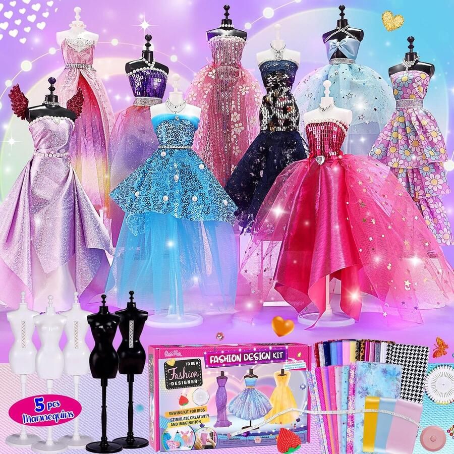 600+ Stuks Modeontwerperset voor Meisjes met 5 Mannequins DIY Knutselset Naaiset voor Kinderen van 8-12 jaar Meisjes Kinder Verjaardagscadeau Speelgoed Leeftijd 6 7 8 9 10 11 12+