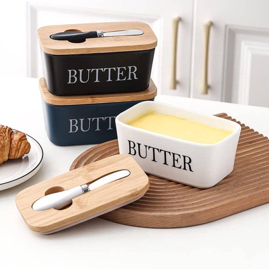 600ML Keramische Botervloot met Botersnijder Porseleinen Botercontainer Bamboe Deksel Siliconen Afdichtring Zwarte Rummyluck butter dish with lid