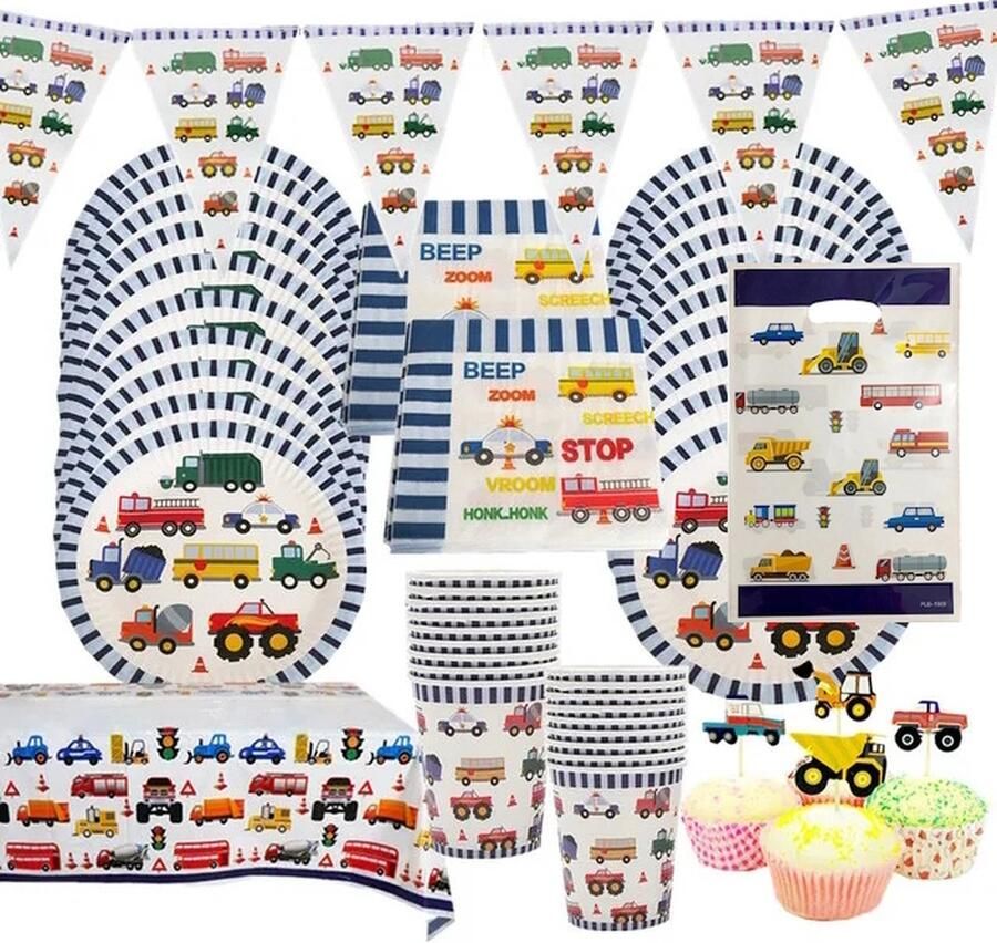 64 delige voertuigen feestset. Bevat 10 kartonnen bordjes 10 kartonnen bekers 20 papieren servetten 1 tafelzeil 10 uitdeelzakjes 12 cupcake prikkers en 1 slinger met vlaggetjes. Auto Brandweerwagen Bus Werkvoertuigen Politiewagen