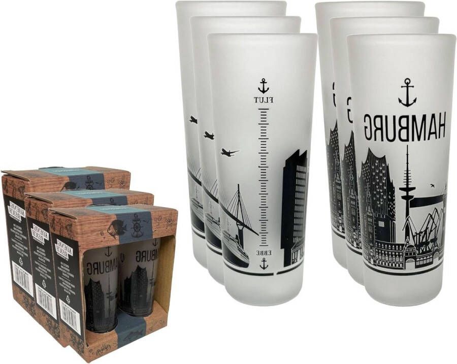 65 cl Borrelglazen Set van 6 Hamburg Skyline Prikjes shotglazen Tequila Wodka Fruitler Grappa Mooie geschenkverpakking met geïntegreerde pinnendrager