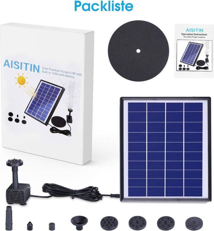 6.5W Zonne-energie Fontein Pomp met 1500mAh Batterij en 6 Sproeiers Voor Vogelbad Vis Tank Vijver Tuindecoratie