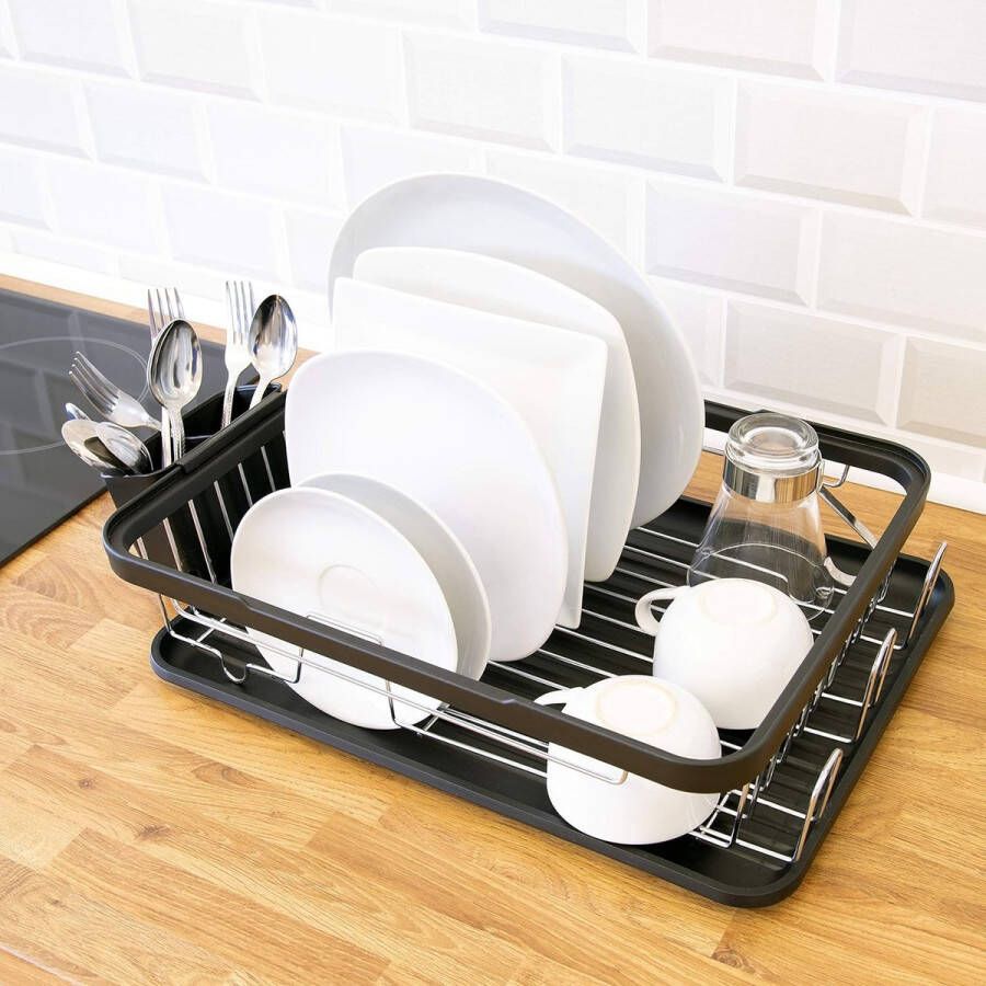 69049 keuken afdruiprek aparte bestekhouder verwijderbare lekbak zwarte kleur 44 x 32 x 13 cm
