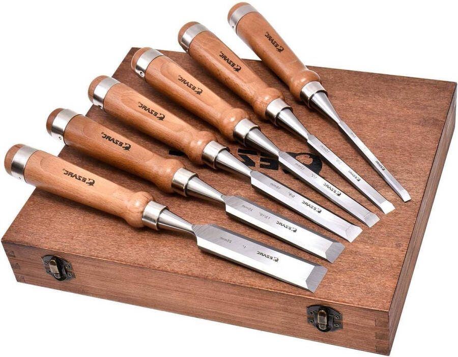 6st Houten Beitel Set Voor Houtbewerking Walnoot Handvat Walnoot Presentatiedoos
