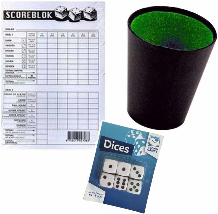 Merkloos Dobbelstenen yatzee spel met beker en scoreblok Dobbelbekers