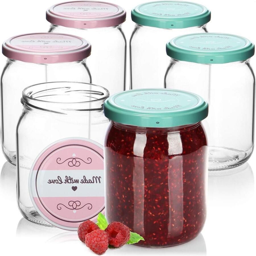 6x weckpotten met schroefdeksel in groen en roze aanbevolen inhoud 490 ml tot aan de rand van het glas 540 ml Ø 82 mm
