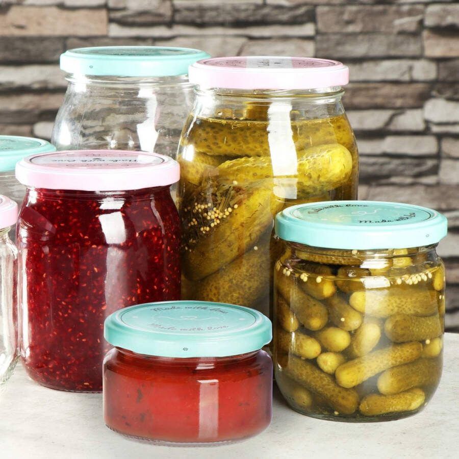 6x weckpotten met schroefdeksel Made with love in groen en roze TOT Ø 82 mm aanbevolen inhoud ca. 490 ml tot aan de rand van het glas: ca. 540 ml