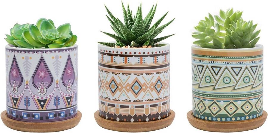 7 5 cm vetplantenpot keramische cactusplantenpot met kleurrijk patroon kleine plantenpot voor binnen en buiten gebruik met bamboe schotel set van 3