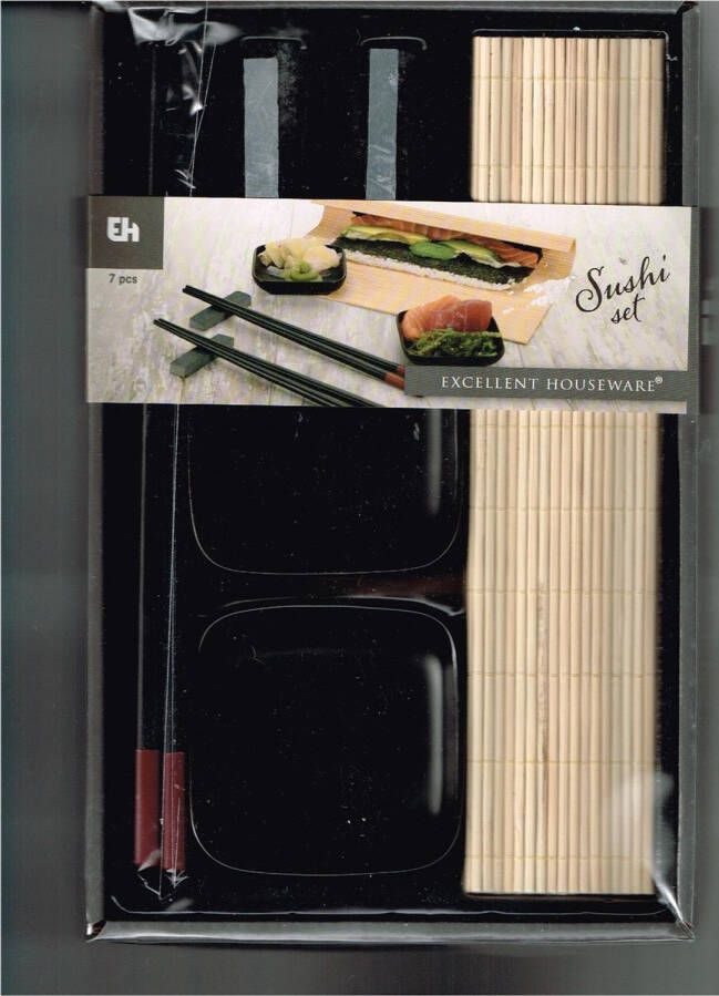 Excellent Houseware 7 delig sushi set 1 placemat 2 sets eetstokken 2 bakjes 2 blokjes voor de lepels zwart of wit