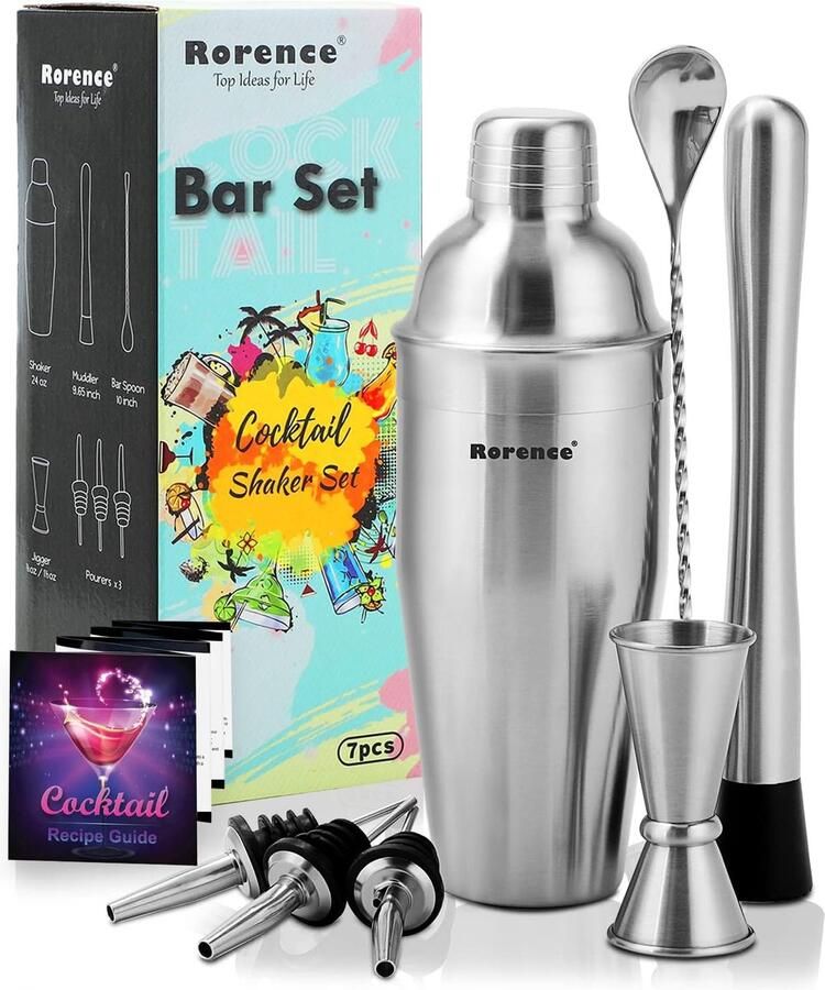 7-delige roestvrijstalen cocktailshakerset Baraccessoires Barmanset: 700 ml roestvrijstalen martini-shaker met ingebouwde zeef muddler barlepel jigger en 3 wijnschenkers