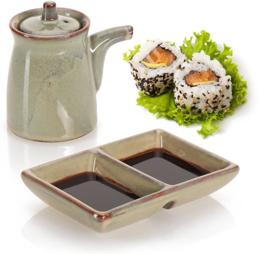 7-delige sushi serveerset stijlvol serveerbord van leisteen en bamboehout met kom voor sojasaus en eetstokjes (7 stuks V2)