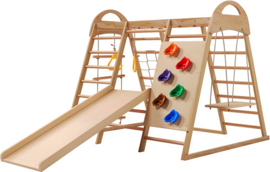 7-in-1 multifunctioneel speeltoestel massief hout multiplex en beukenhout. Schommel klimladder klimplaatglijbaan klimnet kunststof klimsteen. Ringen. Kan gebruikt worden als tenthuis