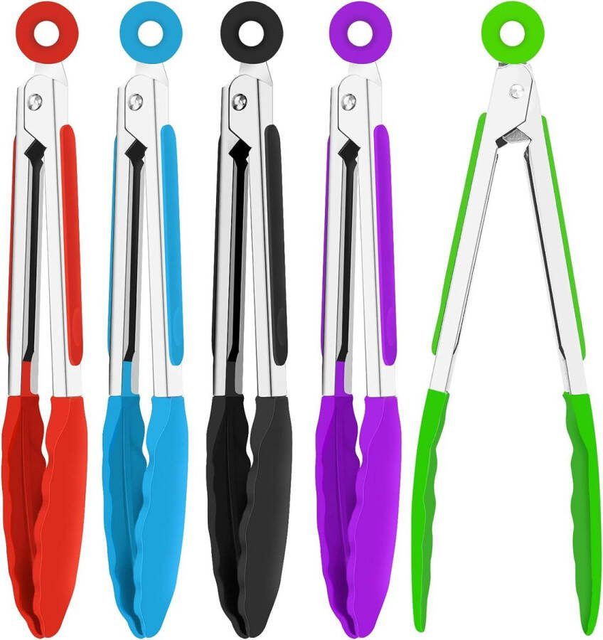 7 inch siliconen tangenset mini-keukentang met siliconen punten levensmiddeltang roestvrij staal kooktang voor salade grillen braden en koken (blauw groen rood paars zwart 5 stuks)