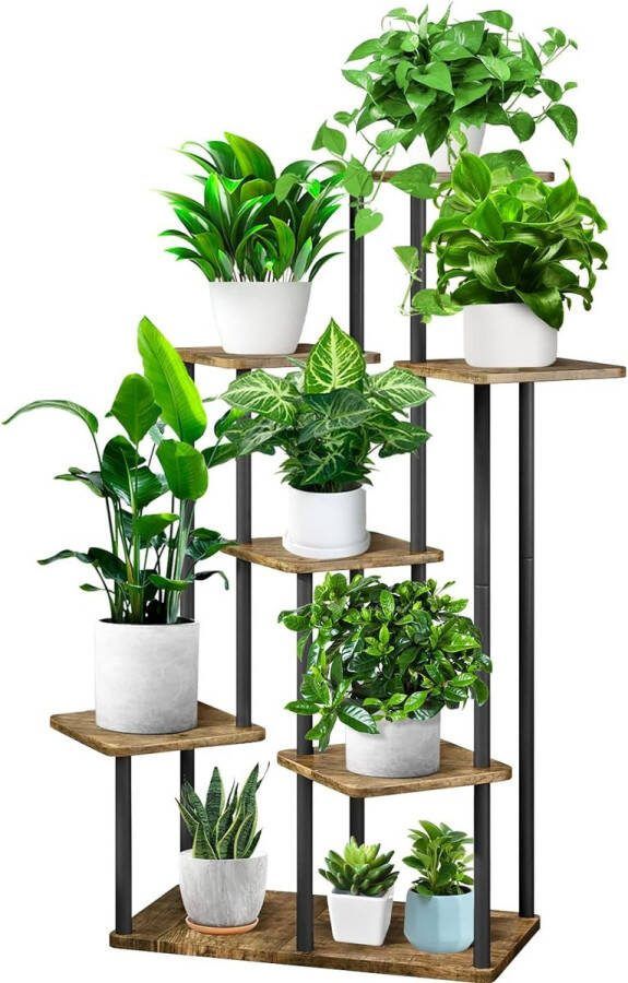7-laags houten bloemenrek plantenrek meerdere verdiepingen bloemenstandaard bloemenbank bloementrap plantentrap staand rek voor binnen tuin balkon decoratie (zwart)