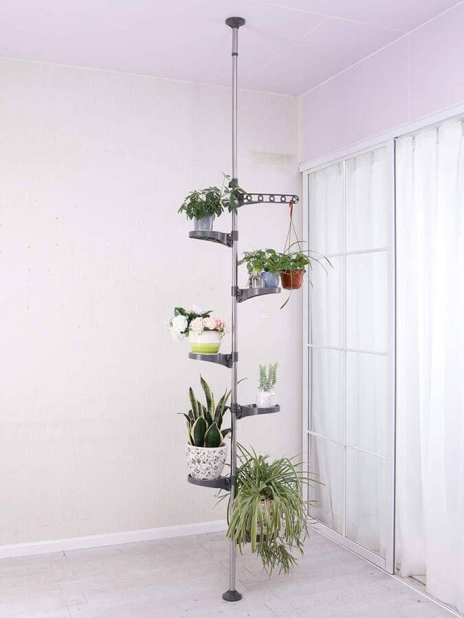 7-Laags Telescopisch Plantenrek voor Binnen Verstelbaar van 230-290cm Metaal Bloemenplanken Bloementrap Grijs 6 Schalen 1 Hangend Haak Woonkamer Slaapkamer Balkon