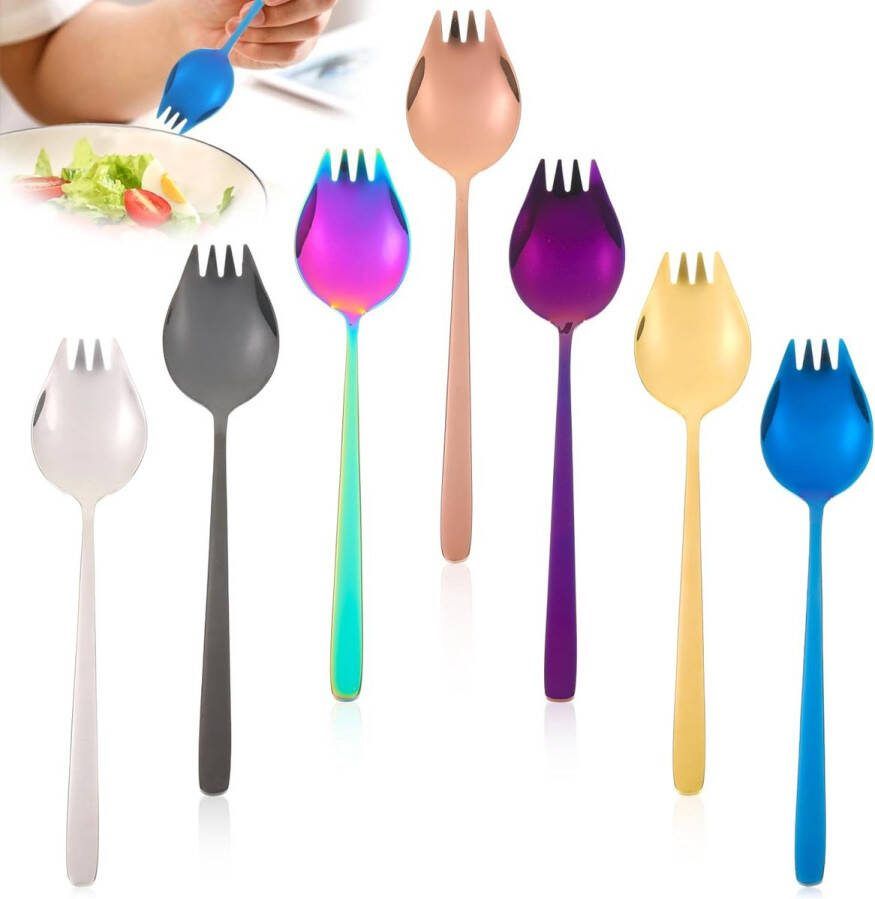 7 stuks 304 roestvrijstalen Spork lange Spork slavork 2 in 1 lepel multifunctionele lepel en vork soeplepel pastalepel saladeservers voor kamperen thuis of op reis